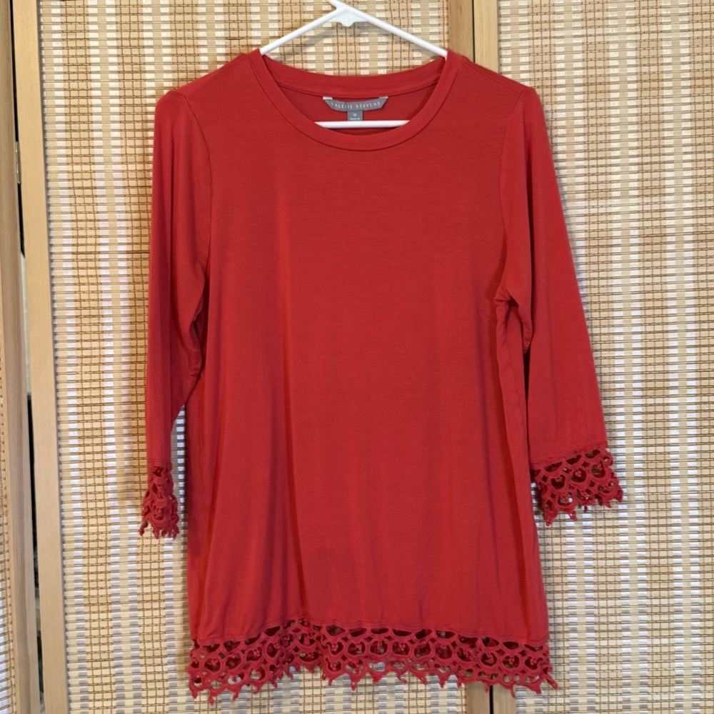 Valerie Stevens Womens M Orange/Coral 3/4 Sleeve Top‎ Lace Boho Whimsical